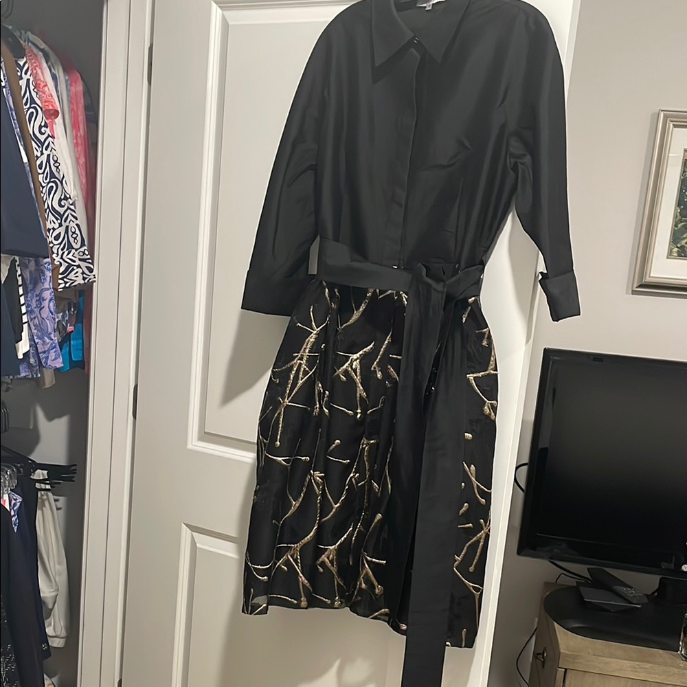 Teri Jon Black and Gold Long Sleeve Dress with Notched Collar